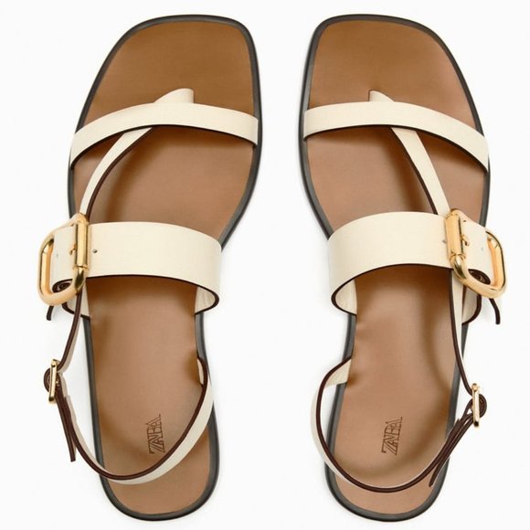 NWT ZARA BUCKLED FLAT LEATHER SANDALS  WHITE - REF 2636/110 9 - Picture 7 of 10